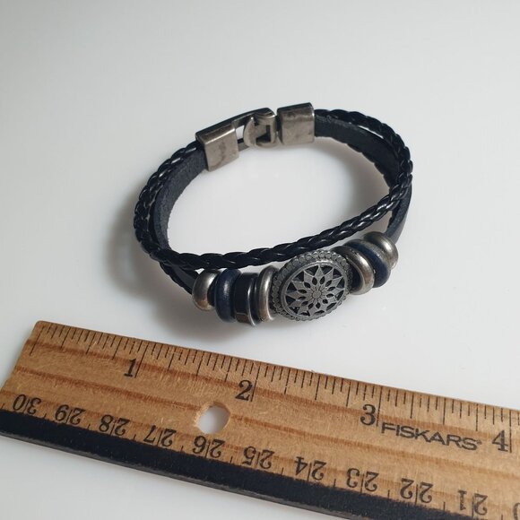 Braided Black Leather Bracelet Silver Wheel Charm Clasp Adjustable Jewelry Men - Picture 4 of 5